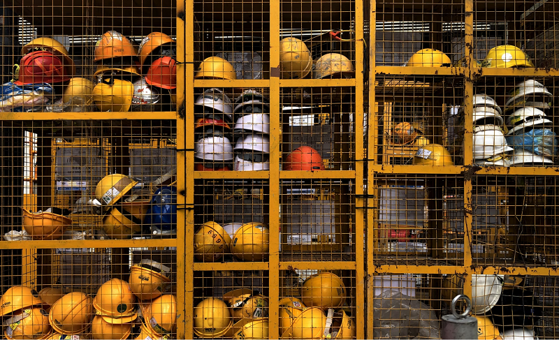 Hard hats stored in cubbies