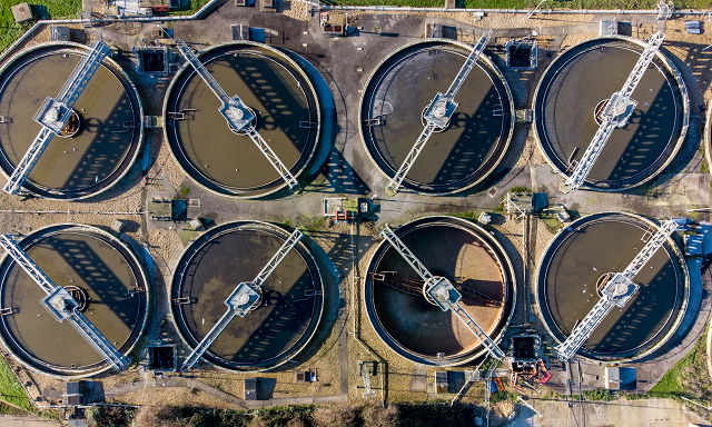 Overhead view of multiple water tanks
