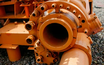 an open hydraulic pump at a job site with hydraulic pump nameplates