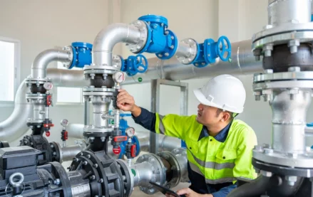 Worker checking pressure gauge on a pump line inside a utility room as part of regular pump maintenance procedures