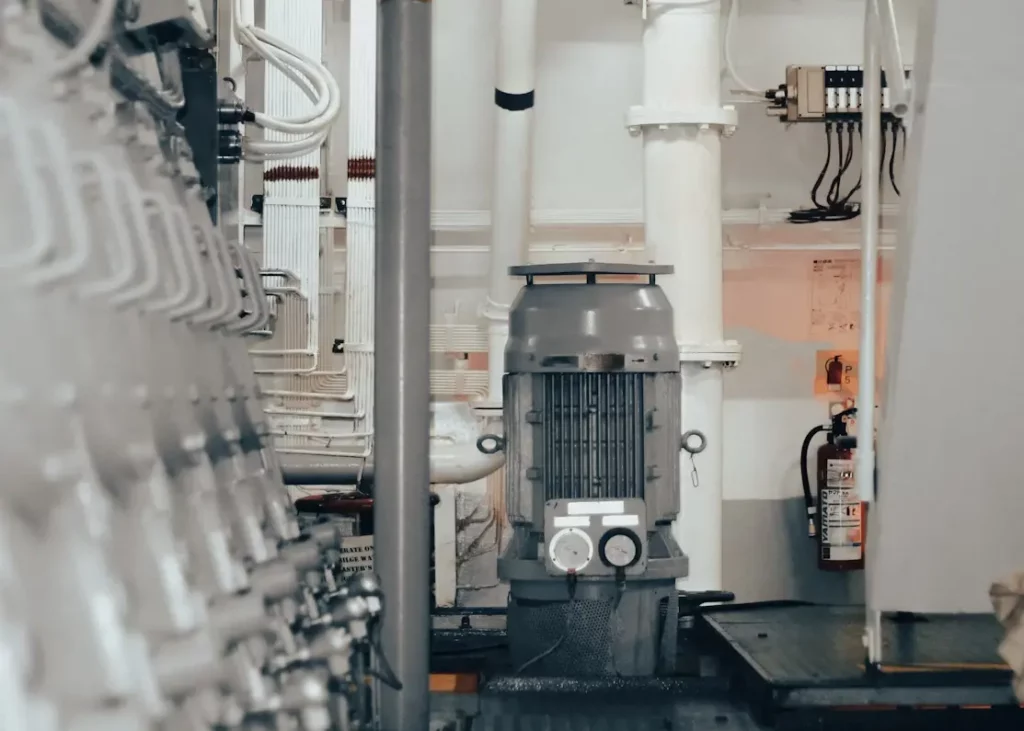 A large gray vertical industrial pump with connected piping and electrical wiring inside a mechanical room