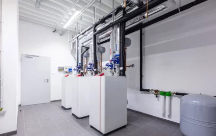 Industrial boiler and heat pump equipment in a mechanical room with connected pipes, gauges, and safety controls visible